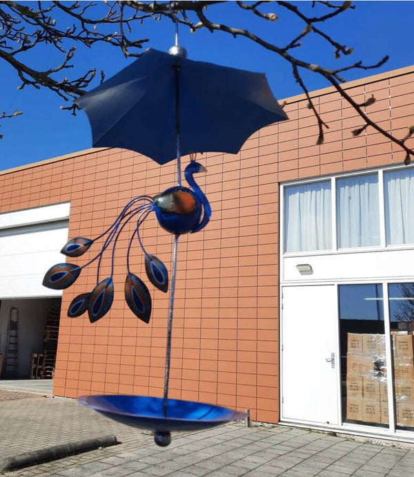 Vogelvoerbakje met Pauw, Metaal, Tuindecoratie, Art Bizniz, Blauw, BW24199, 30x30x57 cm