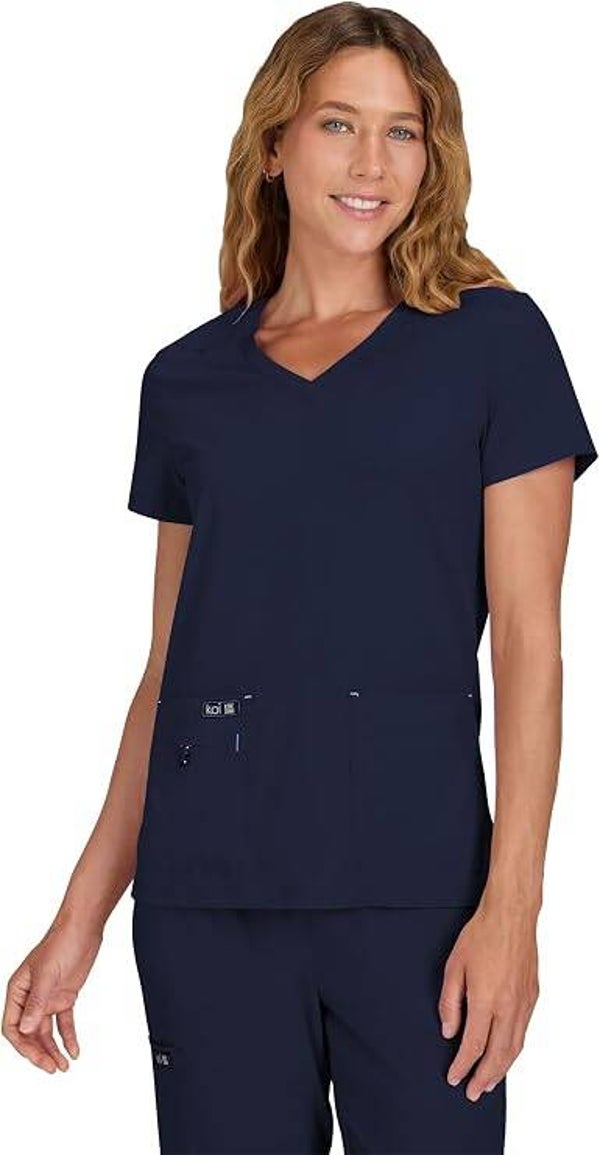 KOI Basics Women's Becca V-Neck Scrub Top, 4 Pockets, ID Bungee Loop, Moisture-Wicking Performance