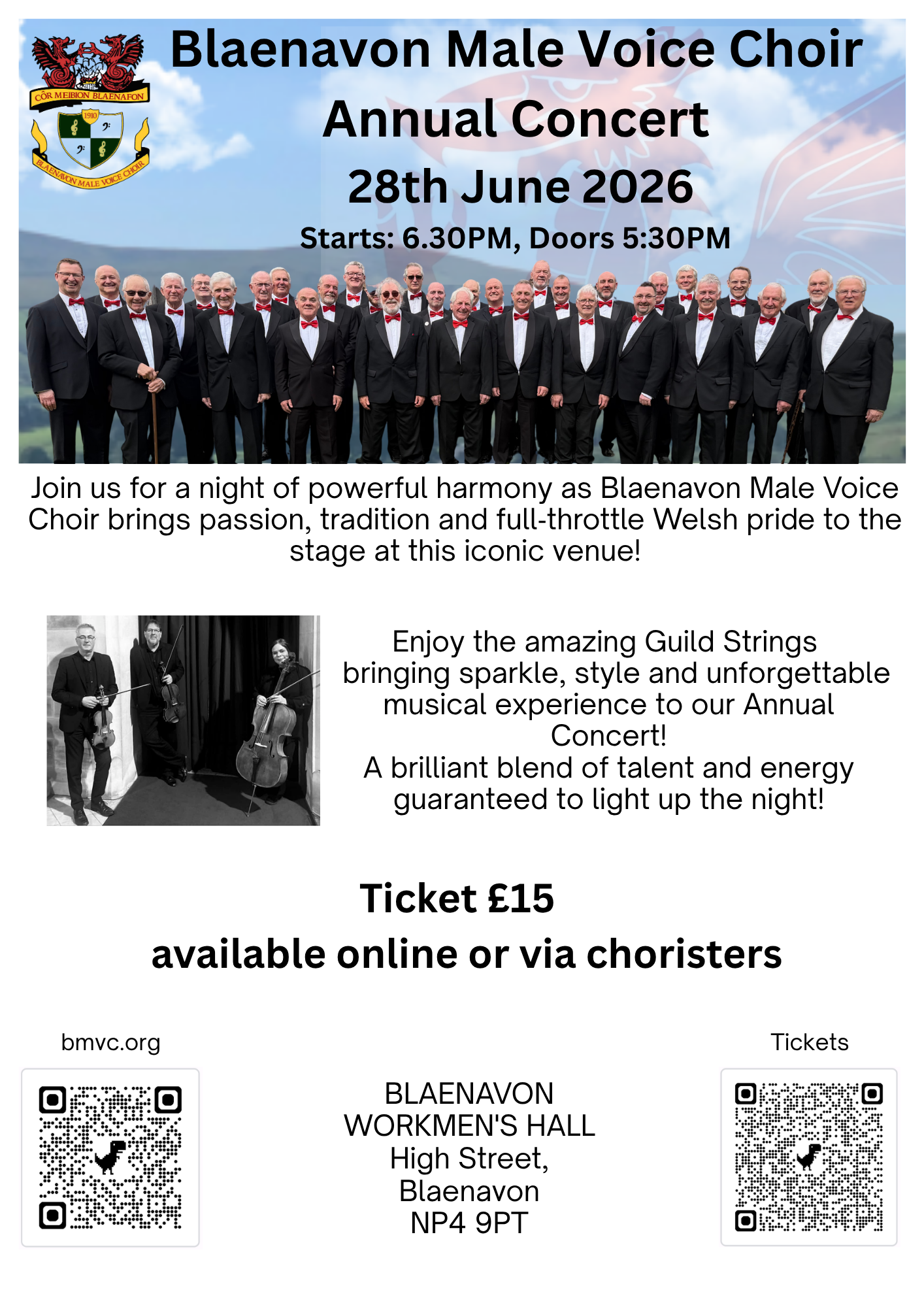 28th June 2026 6.30PM - Annual Concert at Blaenavon Workmen's Hall. 97 High St, Blaenavon, NP4 9PT