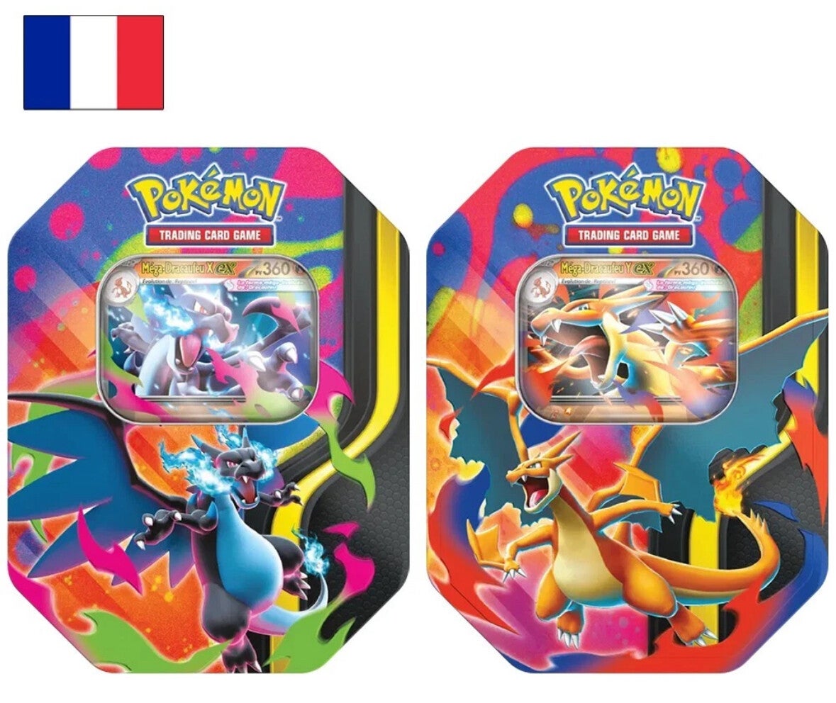 French Mega Charizard EX Tin Box (X & Y) Sealed – Includes 4 Booster Packs + Promo Card
