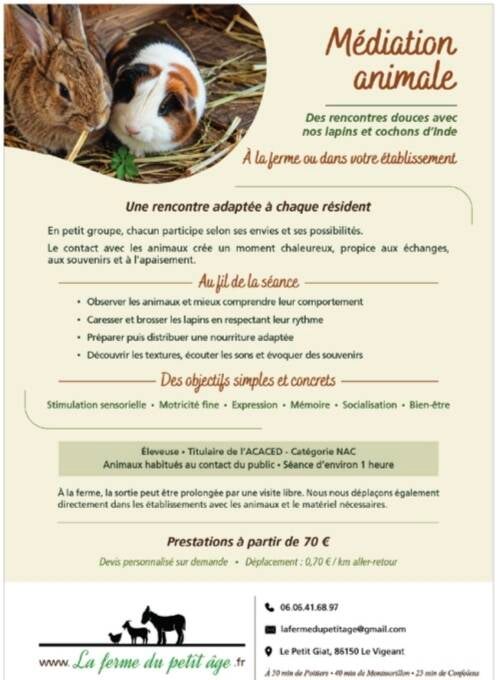 Séance de médiation animale avec un lapin auprès de résidents en EHPAD dans la Vienne.
