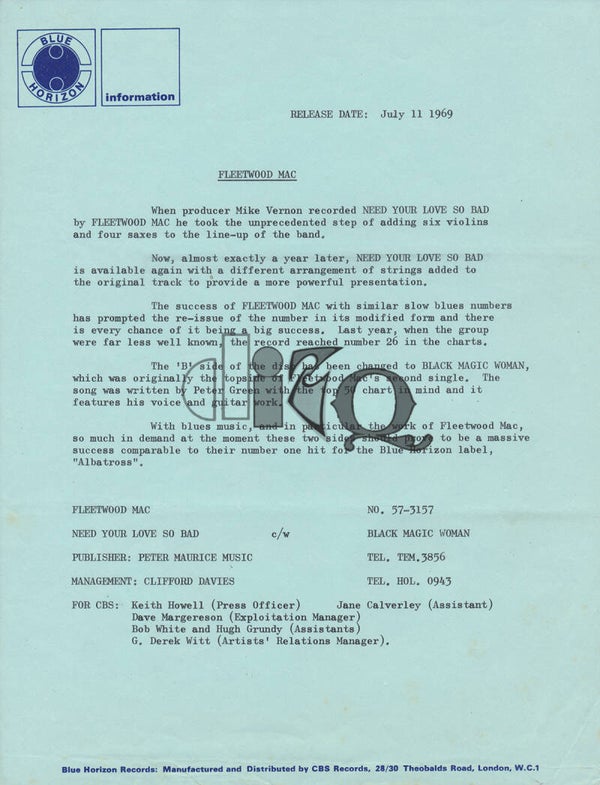 Fleetwood Mac - Need Your Love So Bad - July 11, 1969 [Holland] - Press Kit