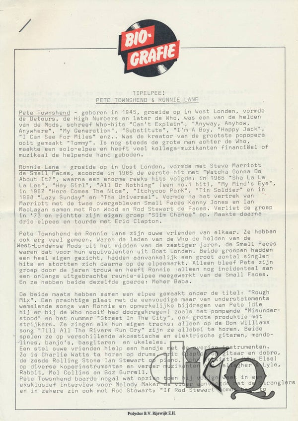 The Who - The Small Faces - Peter Townshend & Ronnie Lane - Biografie - September 1977 [Holland] - Press Release