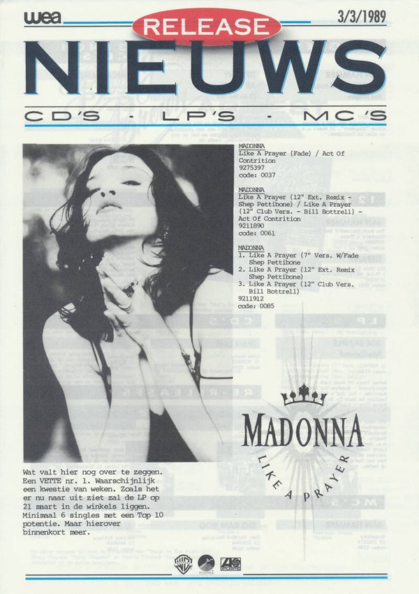 Madonna (and others) - Like A Prayer - March 3, 1989 [Holland] - Press Release