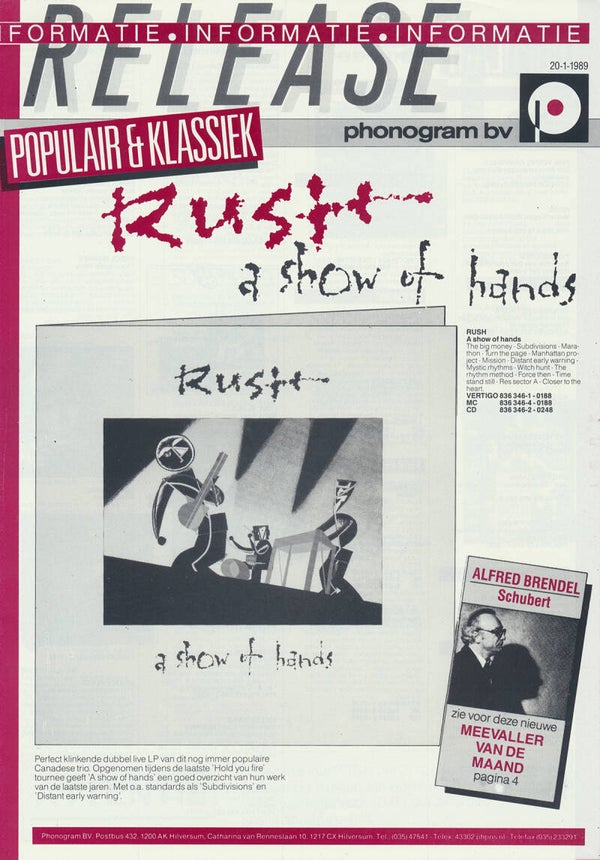 Rush (and others) - A Show Of Hands - January 20, 1989 [Holland] - Press Release
