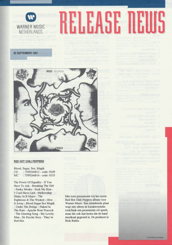 Red Hot Chili Peppers (and others) - Blood Sugar Seks Magik - September 20, 1991 [Holland] - Press Release