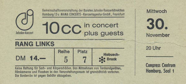 10CC - Congress Centrum, Hamburg, November 30, 1977 [Germany] - Ticket Stub