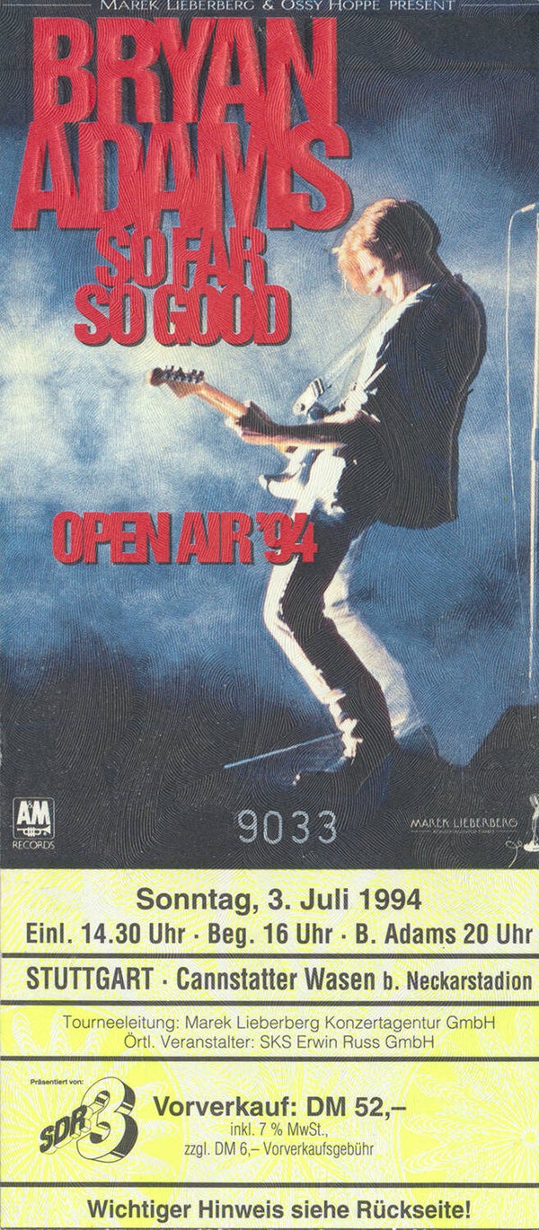 Bryan Adams - Cannstatter Wasen, Stuttgart, July 3 1994 [Germany] - Ticket Stub