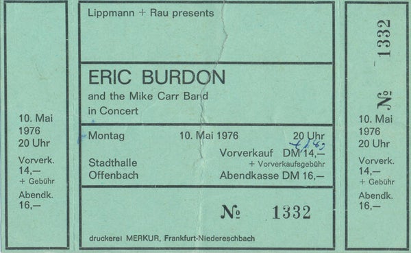 Eric Burdon - Stadthalle, Offenbach, May 10 1976 [Germany] - Ticket Stub