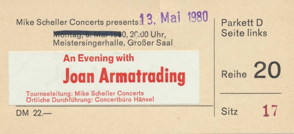Joan Armatrading - Meistersingerhalle, Nürnberg, May 13, 1980 [Germany] - Ticket Stub