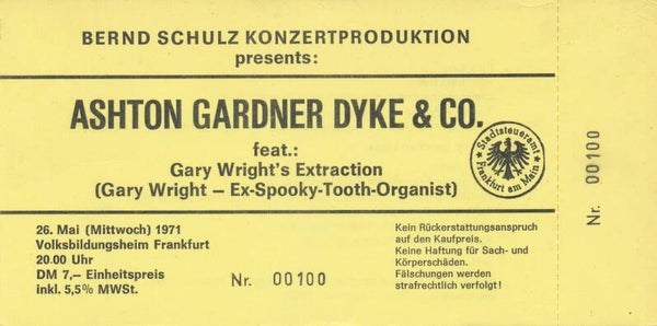 Ashton Gardner Dyke & Co + Gary Wright's Extraction - Volksbildungsheim, Frankfurt, May 26, 1971 [Germany] - Ticket Stub