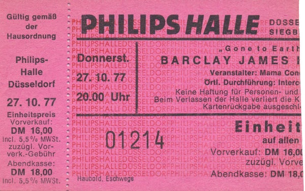 Barclay James Harvest - Philipshalle, Düsseldorf, October 27, 1977 [Germany] - Ticket Stub