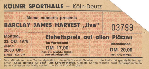 Barclay James Harvest - Kölner Sporthalle, Cologne-Deutz, October 23, 1978 [Germany] - Ticket Stub