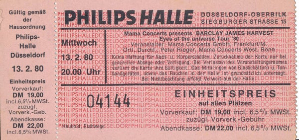 Barclay James Harvest - Philipshalle, Düsseldorf, February 13, 1980 [Germany] - Ticket Stub