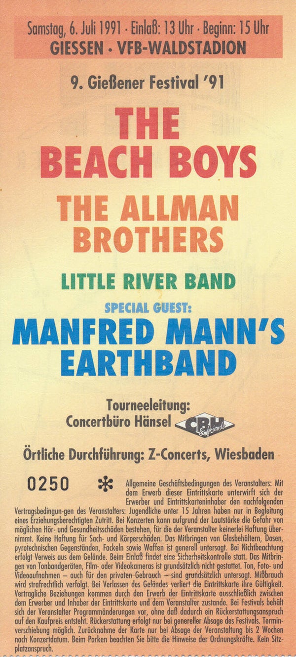 The Beach Boys - The Allman Brothers - Little River Band - Manfred Mann's Earthband - VFB-Waldstadion, Giessen, July 6, 1991 [Germany] - Ticket Stub