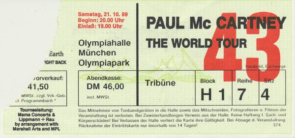 Paul McCartney - Olympiahalle, Munich, October 21, 1989 [Germany] - Ticket Stub
