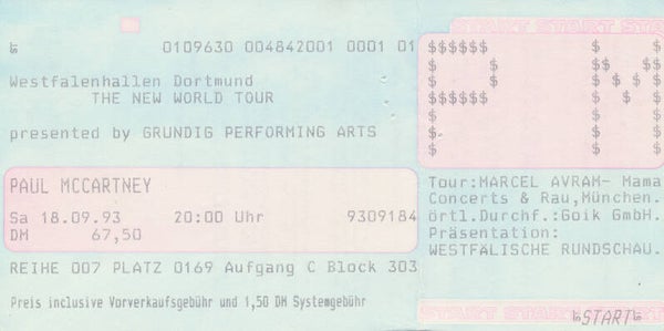 Paul McCartney - Westfalenhalle, Dortmund, September 18, 1993 [Germany] - Ticket Stub