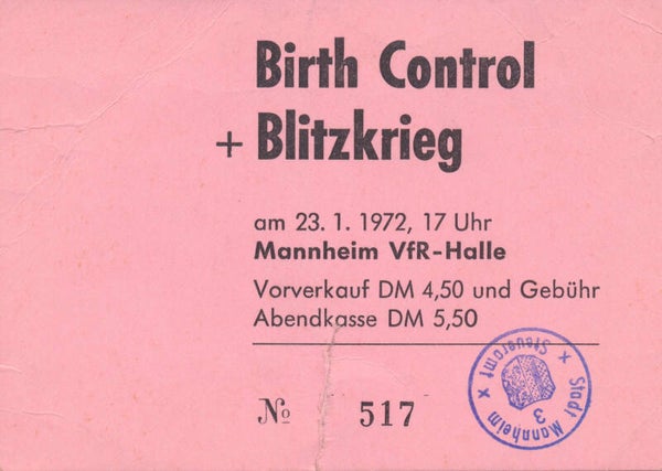 Birth Control - Blitzkrieg - VfR-Halle, Stuttgart, January 23, 1972 [Germany] - Ticket Stub