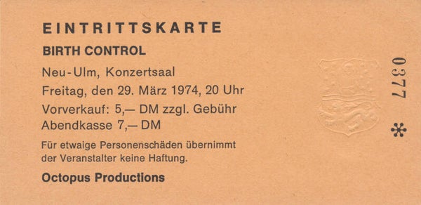 Birth Control - Konzertsaal, Neu-Ulm, March 29, 1974 [Germany] - Ticket Stub
