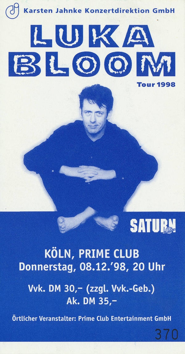 Luka Bloom - Prime Club, Cologne, December 8, 1998 [Germany] - Ticket Stub