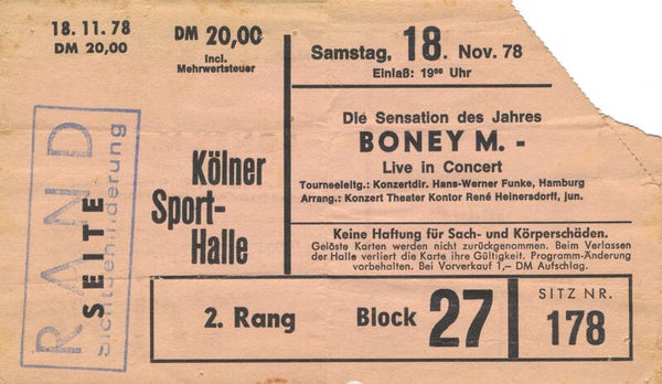 Boney M - Kölner Sporthalle, Cologne-Deutz, November 18, 1978 [Germany] - Ticket Stub
