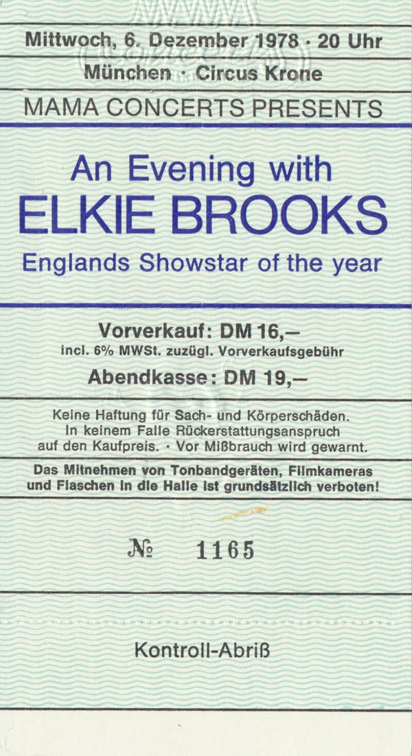 Elkie Brooks - Circus Krone, Munich, December 6, 1978 [Germany] - Ticket Stub