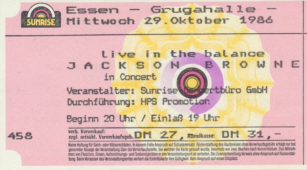 Jackson Browne - Grugahalle, Essen, October 29, 1986 [Germany] - Ticket Stub