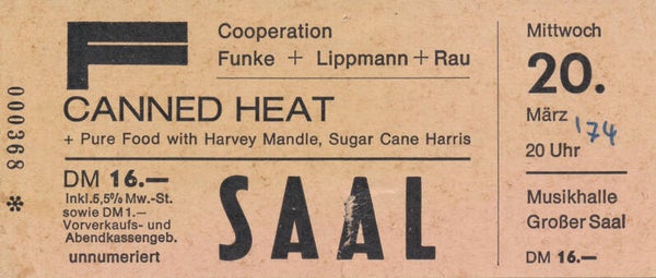 Canned Heat - Musikhalle, Hamburg, March 20, 1974 [Germany] - Ticket Stub