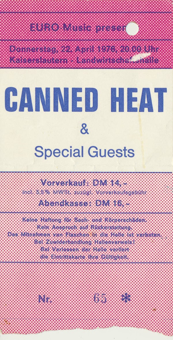 Canned Heat - Landwirtschaftshalle, Kaiserslautern, April 22, 1976 [Germany] - Ticket Stub