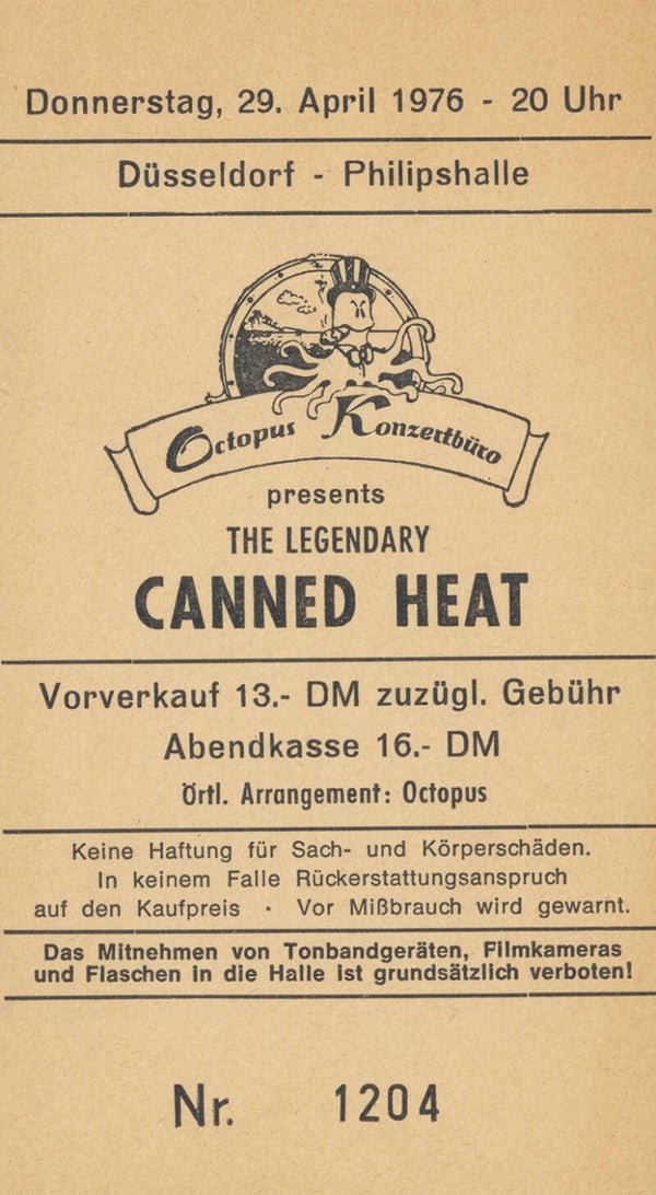 Canned Heat - Octopus Konzertbüro. Philipshalle, Düsseldorf, April 29, 1976 [Germany] - Ticket Stub