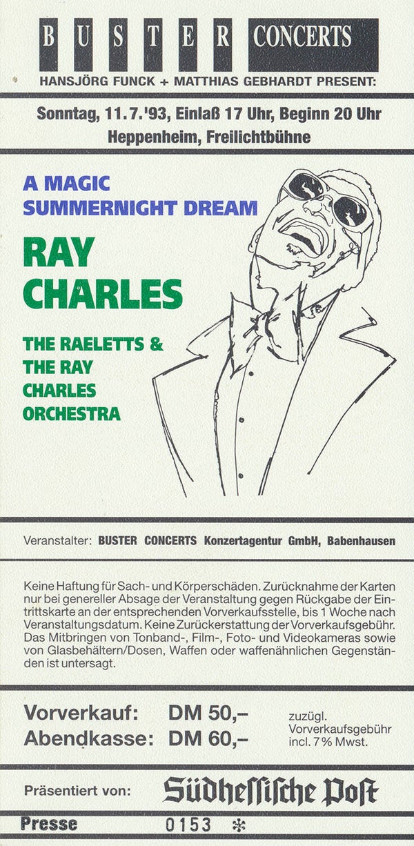 Ray Charles - Freilichtbühne, Heppenheim, July 11, 1993 [Germany] - Ticket Stub