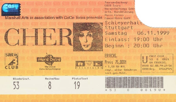 Cher - Schleyerhalle, Stuttgart, November 6, 1999 [Germany] - Ticket Stub