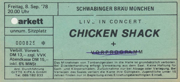 Chicken Shack - Schwabinger Bräu, Munich, September 8, 1978 [Germany] - Ticket Stub