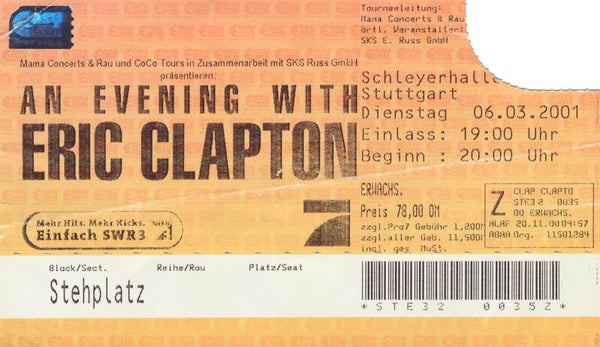 Eric Clapton - Schleyerhalle, Stuttgart, March 6, 2001 [Germany] - Ticket Stub