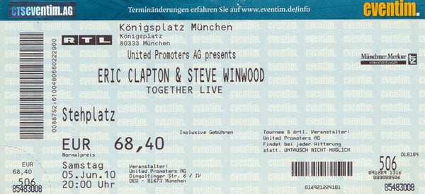 Eric Clapton + Stevie Winwood - Königsplatz, Munich, June 5, 2010 [Germany] - Ticket Stub