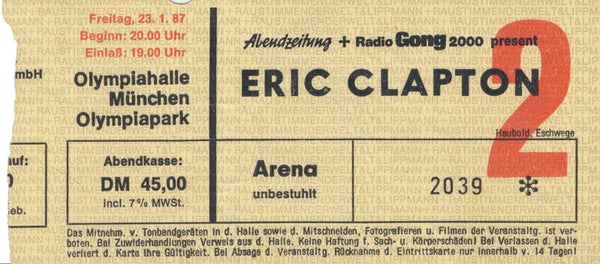 Eric Clapton - Olympiahalle, Munich January 23, 1987 [Germany] - Ticket Stub