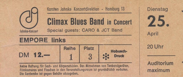Climax Blues Band - Auditorium Maximum, Hamburg, April 25, 1970s [Germany] - Ticket Stub