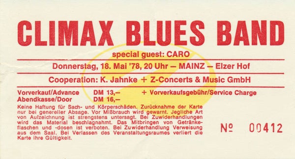 Climax Blues Band - Elzer Hof, Mainz, May 18, 1978 [Germany] - Ticket Stub