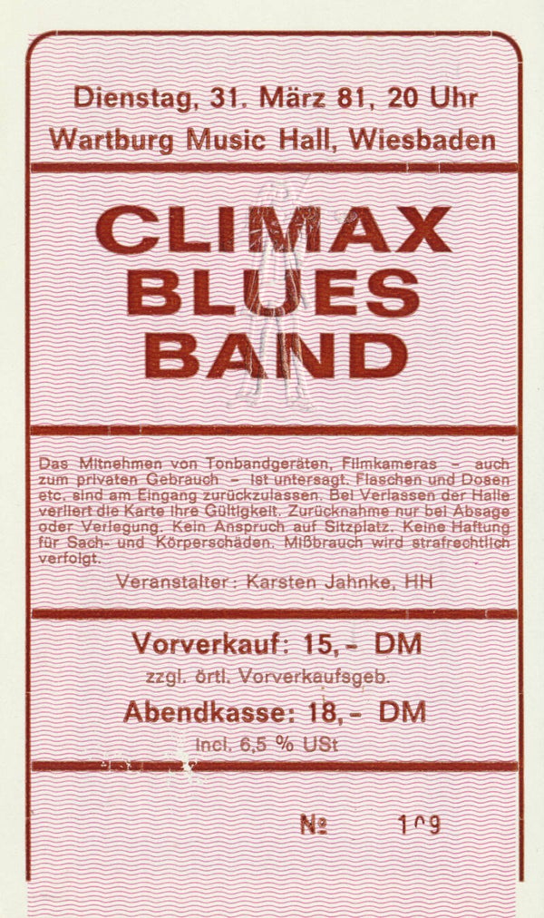 Climax Blues Band - Wartburg Music Hall, Wiesbaden, March 31, 1981 [Germany] - Ticket Stub