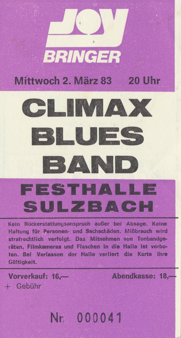 Climax Blues Band - Joy Bringer. Festhalle, Sulzbach, March 2, 1983 [Germany] - Ticket Stub