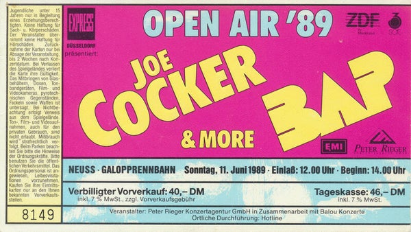Joe Cocker - BAP - Galopprennbahn, Neuss, June 11, 1989 [Germany] - Ticket Stub