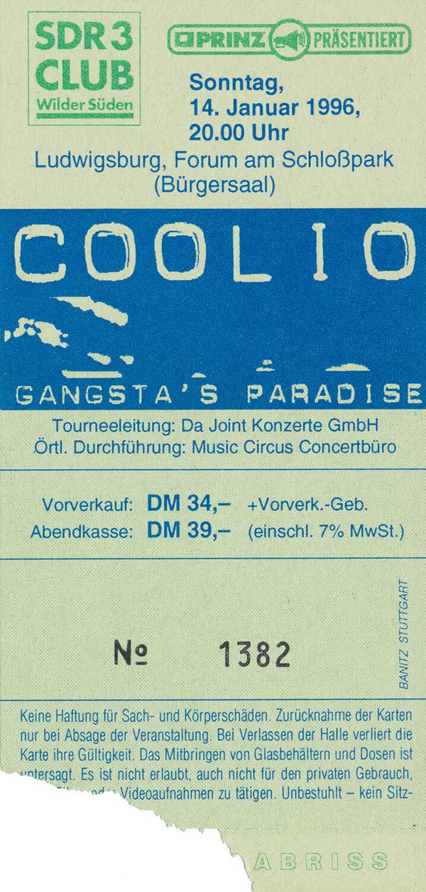 Coolio - Forum Am Schlosspark, Ludwigsburg, January 14, 1996 [Germany] - Ticket Stub