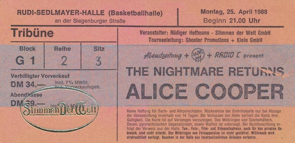Alice Cooper - Rudi-Sedlmayer-Halle, Munich, April, 25 1988 [Germany] - Ticket Stub
