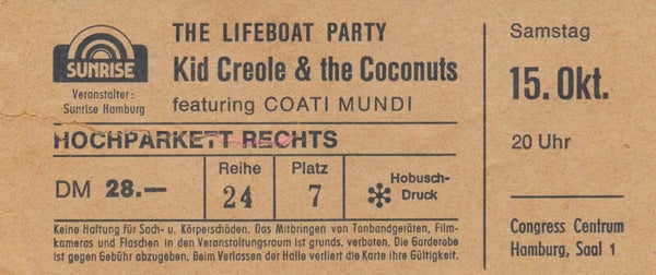 Kid Creole  & The Coconuts - Congress Centrum, Hamburg, October 15, 1982 [Germany] - Ticket Stub