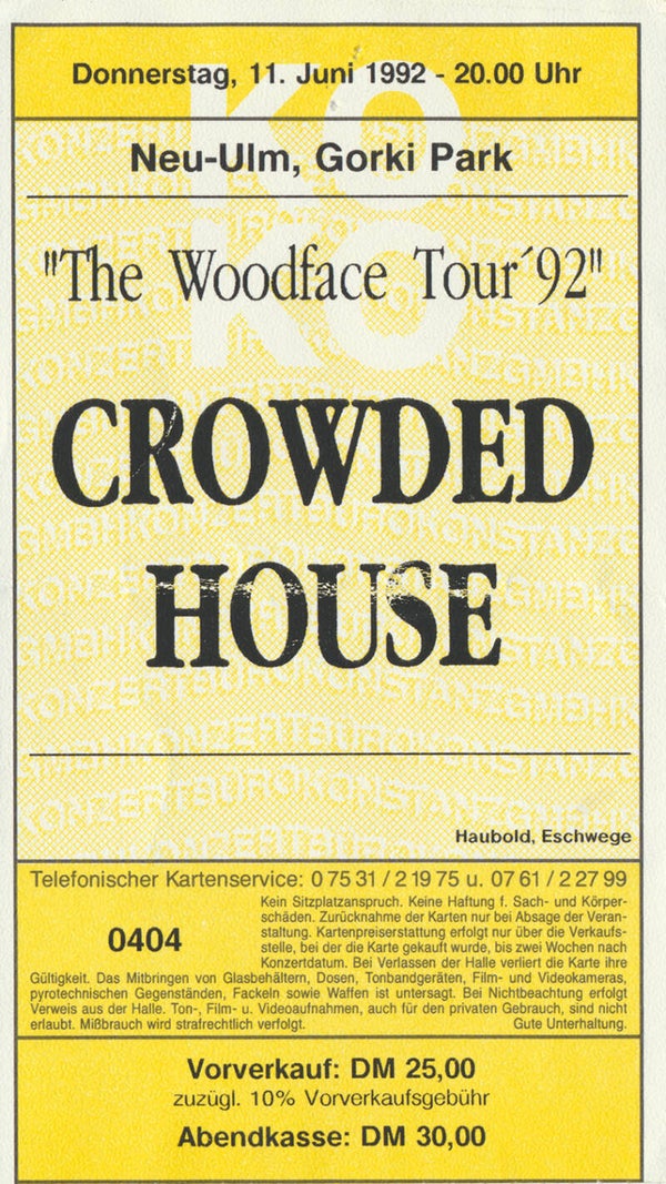 Crowded House - Gorki Park, Neu-Ulm, June 11, 1992 [Germany] - Ticket Stub