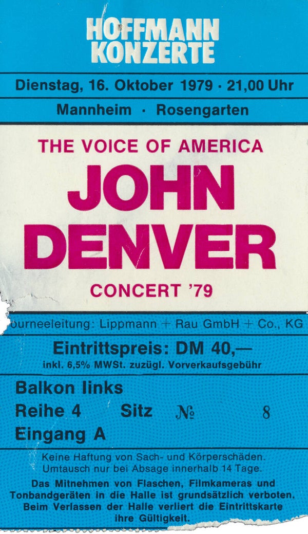 John Denver - Rosengarten, Mannheim, October 16, 1979 [Germany] - Ticket Stub
