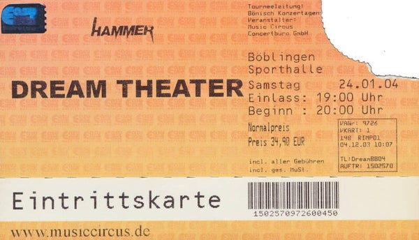 Dream Theater - Sporthalle, Böblingen, January 24, 2004 [Germany] - Ticket Stub