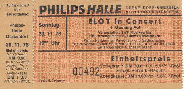 Eloy - Philipshalle, Düsseldorf, November 28, 1976 [Germany] - Ticket Stub
