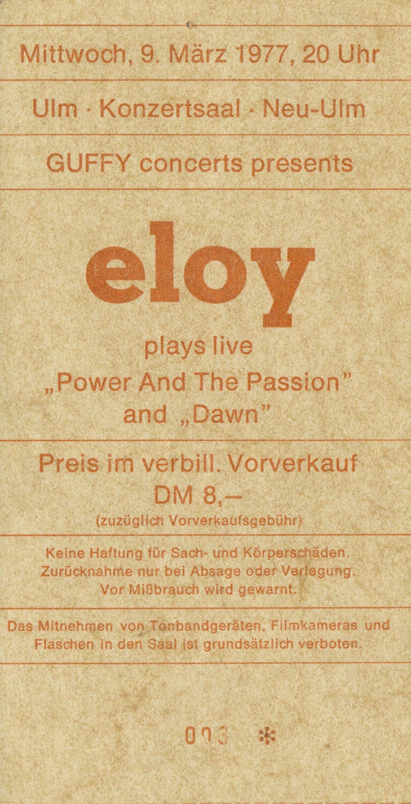 Eloy - Konzertsaal, Neu-Ulm, March 9, 1977 [Germany] - Ticket Stub