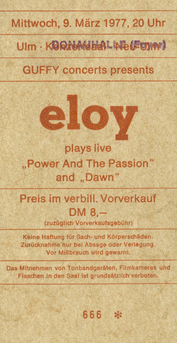 Eloy - Donauhalle, Neu-Ulm, March 9, 1977 [Germany] - Ticket Stub
